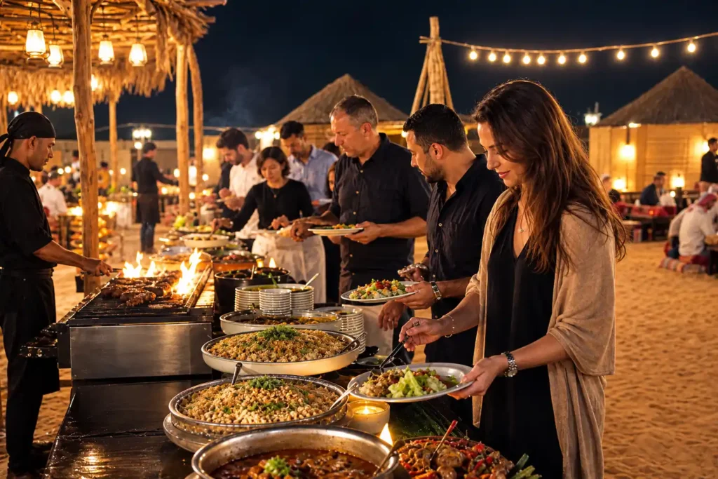 Guests serving food at a buffet spread during a desert safari without dune bashing in Dubai.