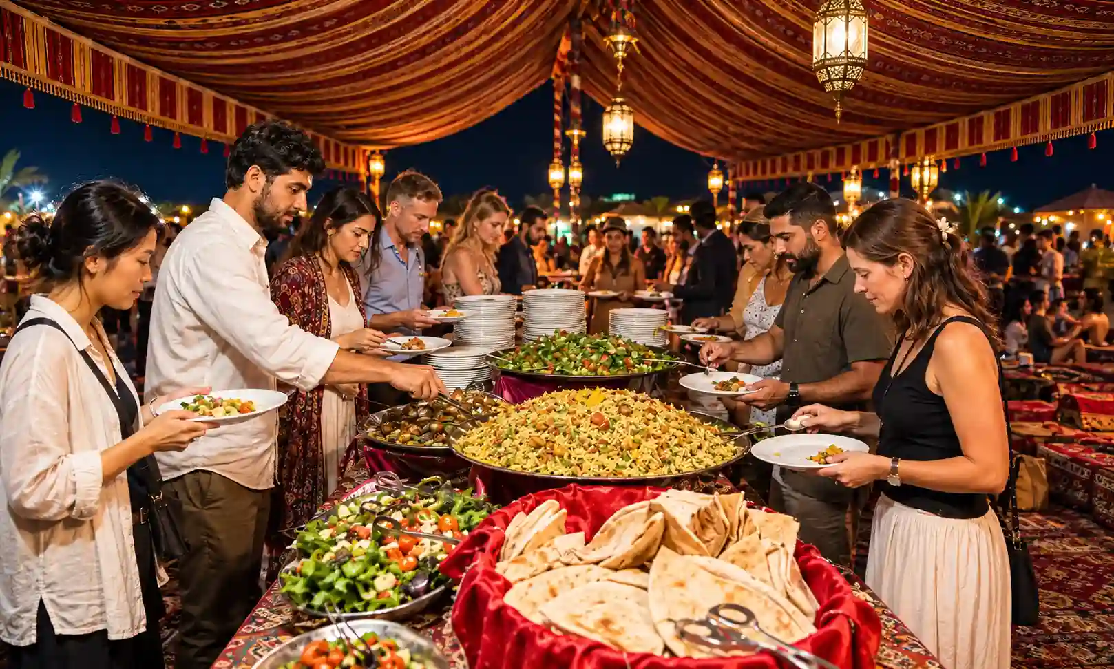 Guests serving themselves food from an international BBQ buffet spread at a Dubai desert camp.