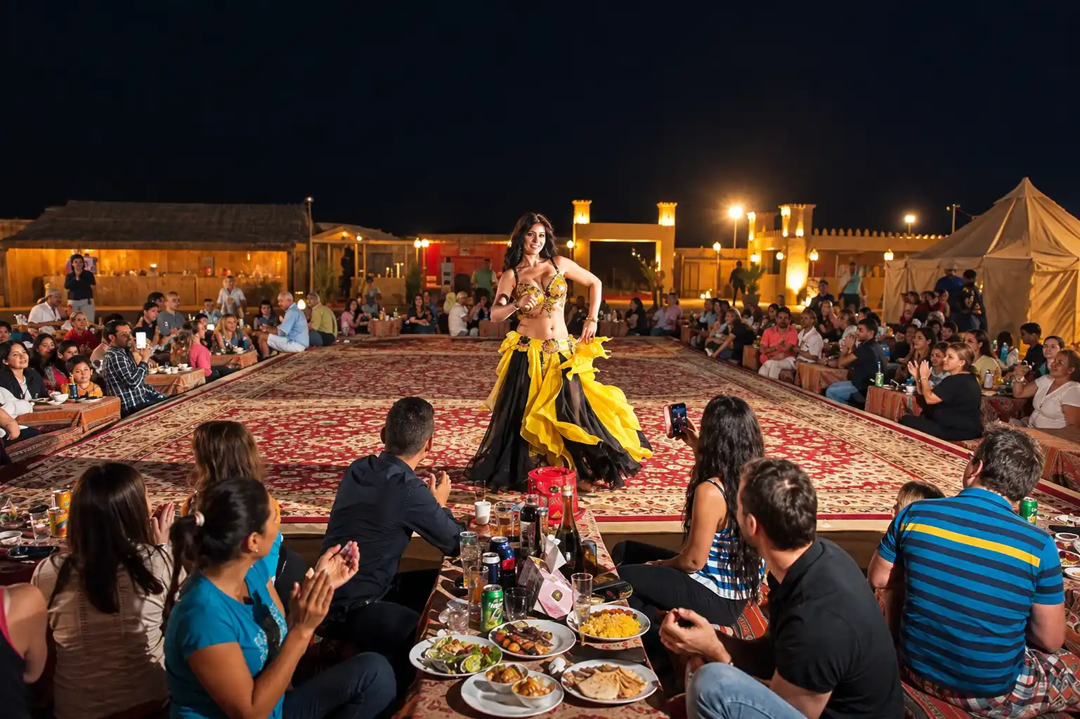 Belly dancer performing live stage show for guests at a desert camp in Dubai.