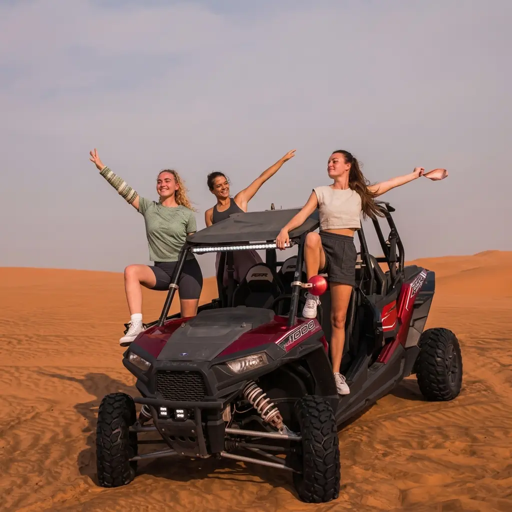 Four friends posing joyfully on a red dune buggy during a Desert Safari Dubai with Dune Buggy adventure.
