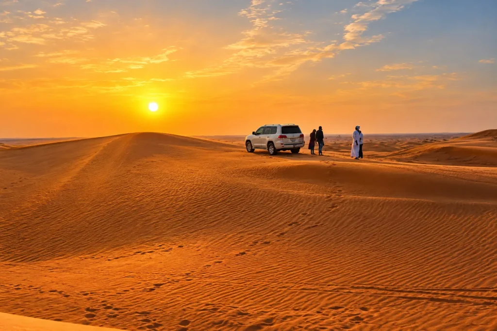 White 4x4 SUV and people on golden sand dunes during a morning desert safari in Dubai.