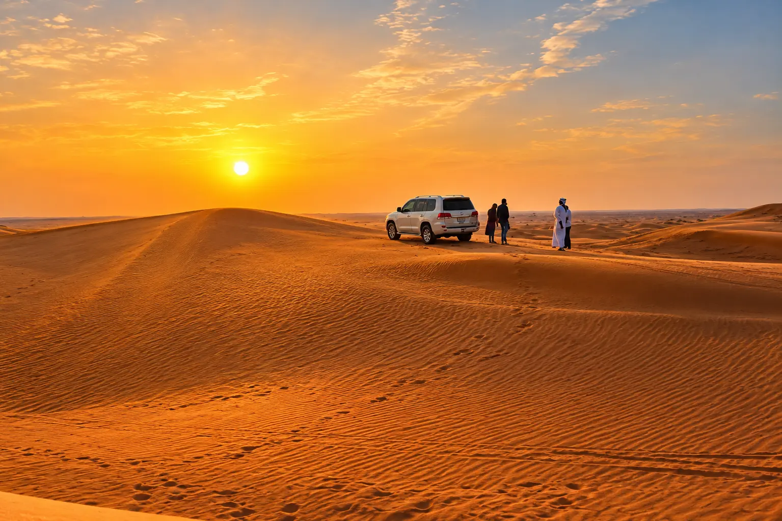 White 4x4 SUV and people on golden sand dunes during a morning desert safari in Dubai.